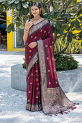 Maroon Banarasi Silk Blend Saree With Blouse Piece