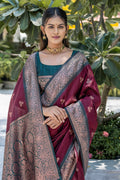 Maroon Banarasi Silk Blend Saree With Blouse Piece