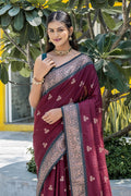 Maroon Banarasi Silk Blend Saree With Blouse Piece