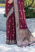 Maroon Banarasi Silk Blend Saree With Blouse Piece