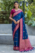 Navy Blue Banarasi Silk Blend Saree With Blouse Piece
