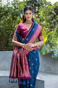 Navy Blue Banarasi Silk Blend Saree With Blouse Piece