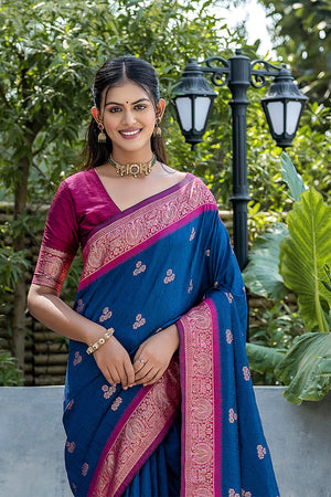 Navy Blue Banarasi Silk Blend Saree With Blouse Piece