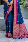 Navy Blue Banarasi Silk Blend Saree With Blouse Piece