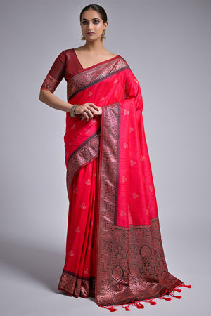 Pink Banarasi Silk Blend Saree With Blouse Piece