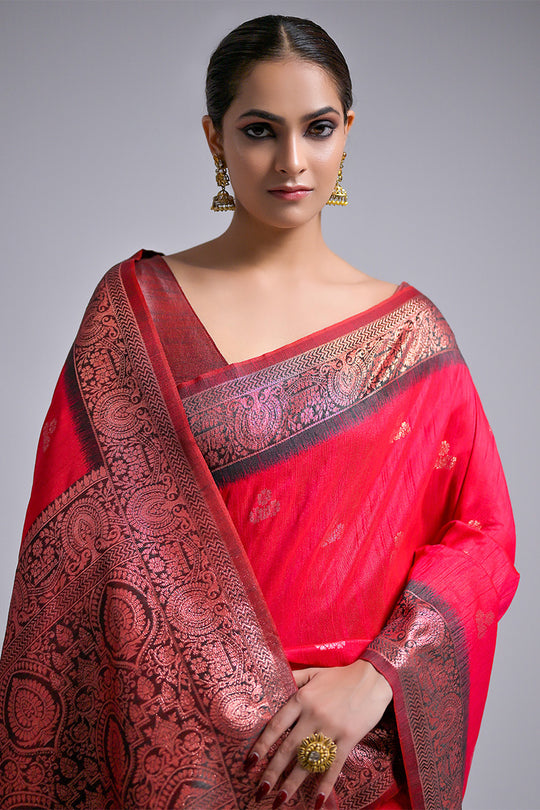 Pink Banarasi Silk Blend Saree With Blouse Piece