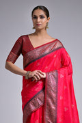 Pink Banarasi Silk Blend Saree With Blouse Piece