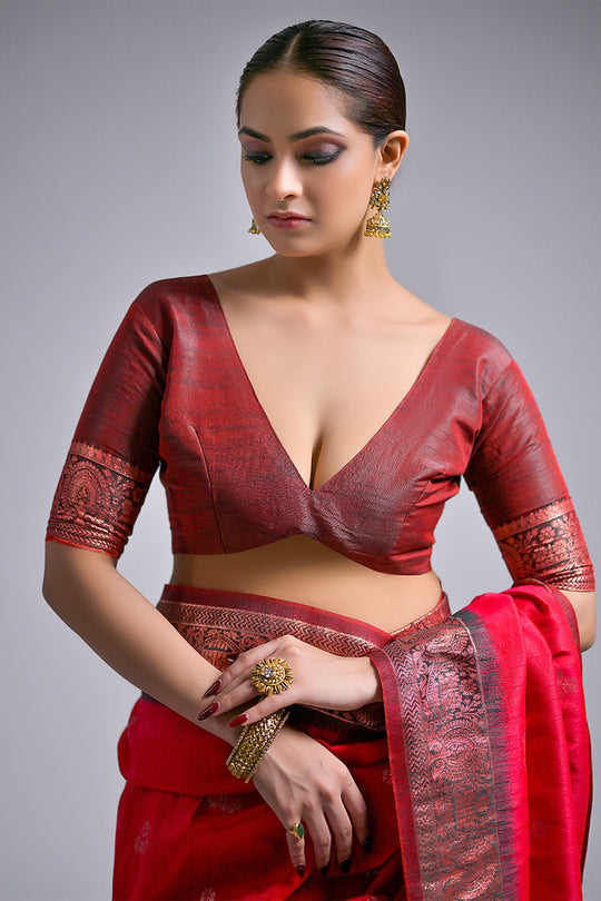 Pink Banarasi Silk Blend Saree With Blouse Piece