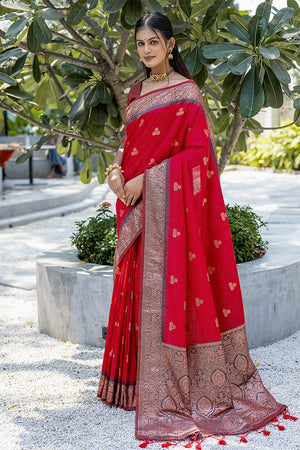 Red Banarasi Silk Blend Saree With Blouse Piece