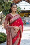 Red Banarasi Silk Blend Saree With Blouse Piece