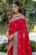 Red Banarasi Silk Blend Saree With Blouse Piece