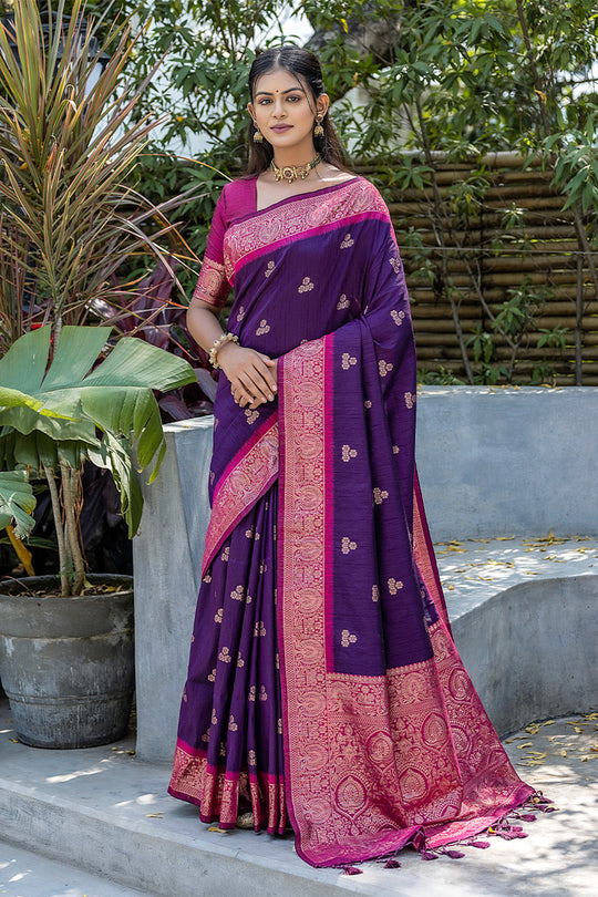 Violet Banarasi Silk Blend Saree With Blouse Piece