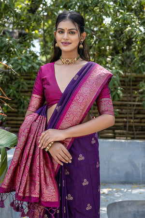 Violet Banarasi Silk Blend Saree With Blouse Piece