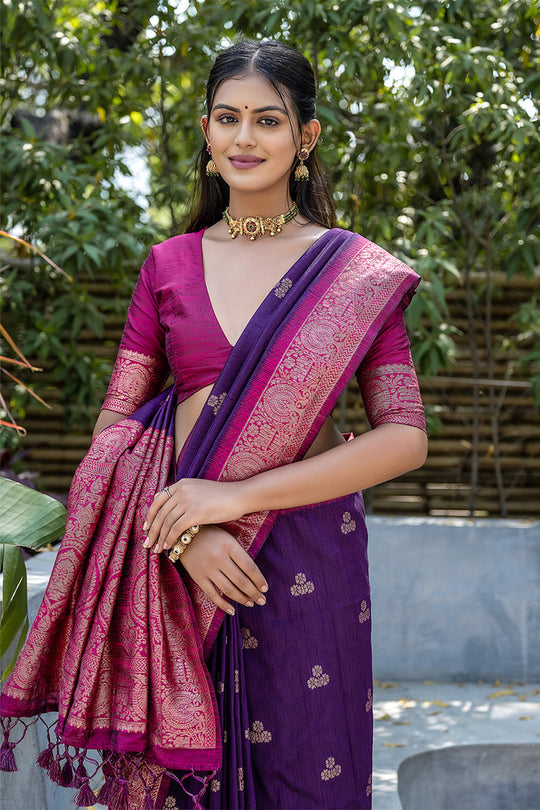 Violet Banarasi Silk Blend Saree With Blouse Piece
