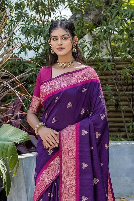 Violet Banarasi Silk Blend Saree With Blouse Piece