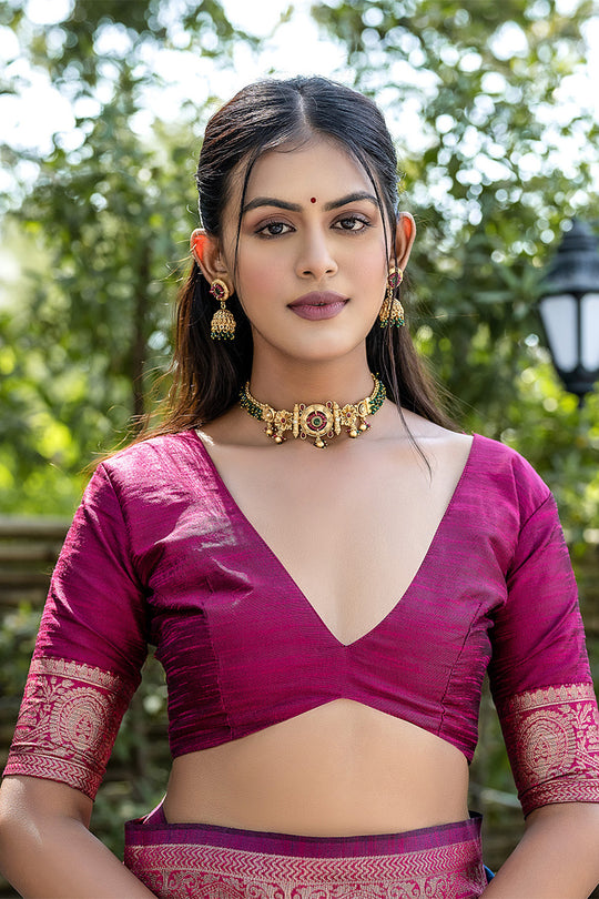 Violet Banarasi Silk Blend Saree With Blouse Piece