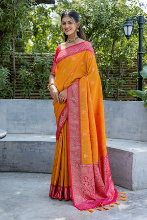 Yellow Banarasi Silk Blend Saree With Blouse Piece