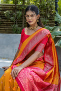 Yellow Banarasi Silk Blend Saree With Blouse Piece