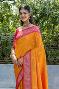 Yellow Banarasi Silk Blend Saree With Blouse Piece