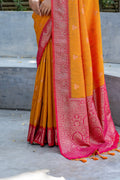 Yellow Banarasi Silk Blend Saree With Blouse Piece