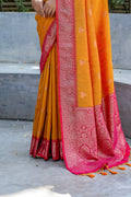 Yellow Banarasi Silk Blend Saree With Blouse Piece