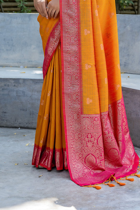 Yellow Banarasi Silk Blend Saree With Blouse Piece