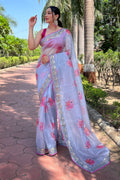 Grey Organza Saree with Dark Pink Blouse Piece