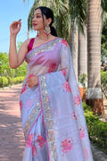 Grey Organza Saree with Dark Pink Blouse Piece