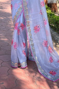 Grey Organza Saree with Dark Pink Blouse Piece