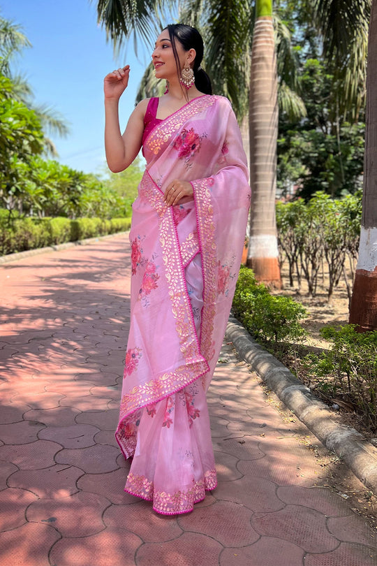 Pink Organza Saree with Dark Pink Blouse Piece