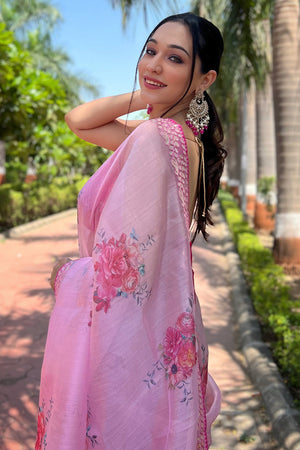 Pink Organza Saree with Dark Pink Blouse Piece