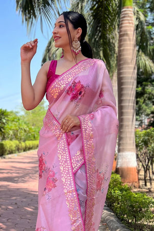 Pink Organza Saree with Dark Pink Blouse Piece