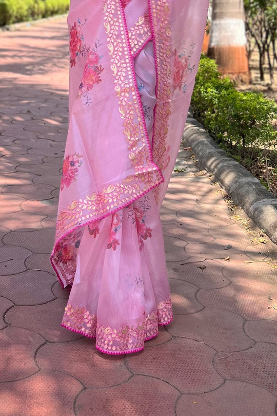 Pink Organza Saree with Dark Pink Blouse Piece