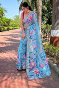 Sky Blue Organza Saree with Dark Pink Blouse Piece