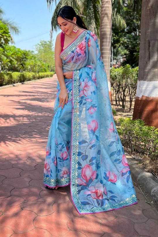 Sky Blue Organza Saree with Dark Pink Blouse Piece