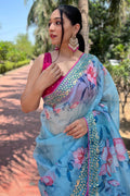 Sky Blue Organza Saree with Dark Pink Blouse Piece