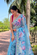 Sky Blue Organza Saree with Dark Pink Blouse Piece