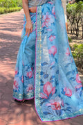 Sky Blue Organza Saree with Dark Pink Blouse Piece