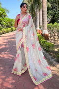 Off White Organza Saree with Dark Pink Blouse Piece