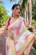 Off White Organza Saree with Dark Pink Blouse Piece