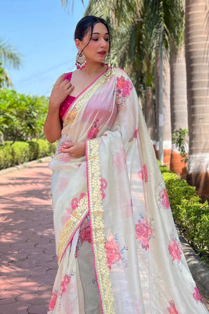 Off White Organza Saree with Dark Pink Blouse Piece