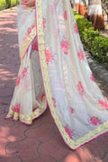 Off White Organza Saree with Dark Pink Blouse Piece