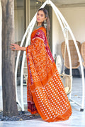 Orange Hand Block Print Mulmul Cotton Sarees Saree With Blouse Piece