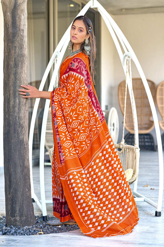 Orange Hand Block Print Mulmul Cotton Sarees Saree With Blouse Piece
