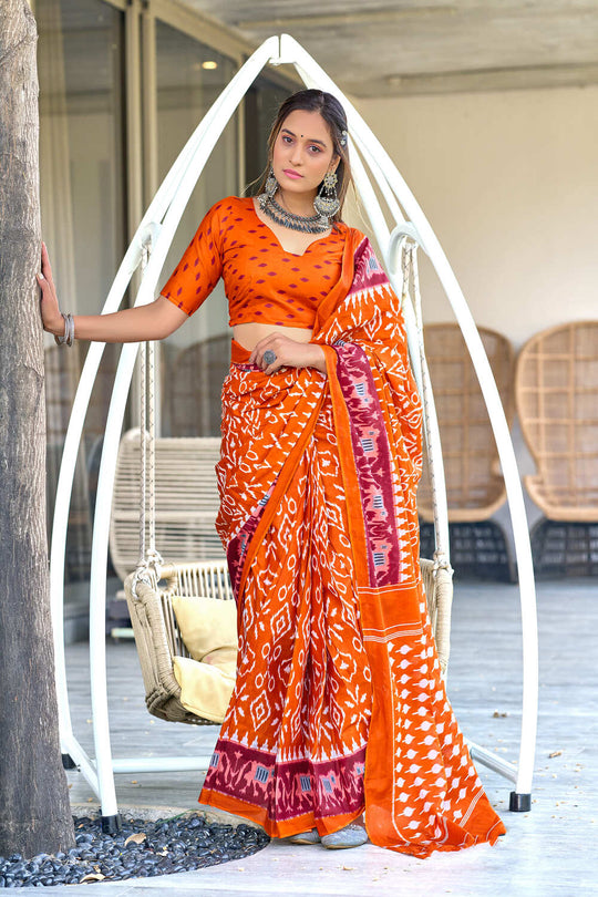 Orange Hand Block Print Mulmul Cotton Sarees Saree With Blouse Piece