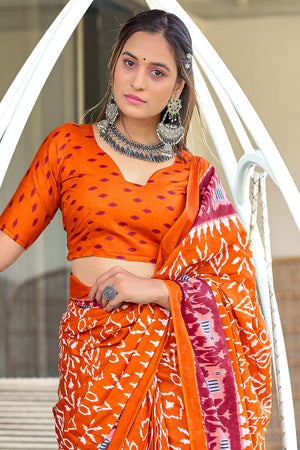 Orange Hand Block Print Mulmul Cotton Sarees Saree With Blouse Piece