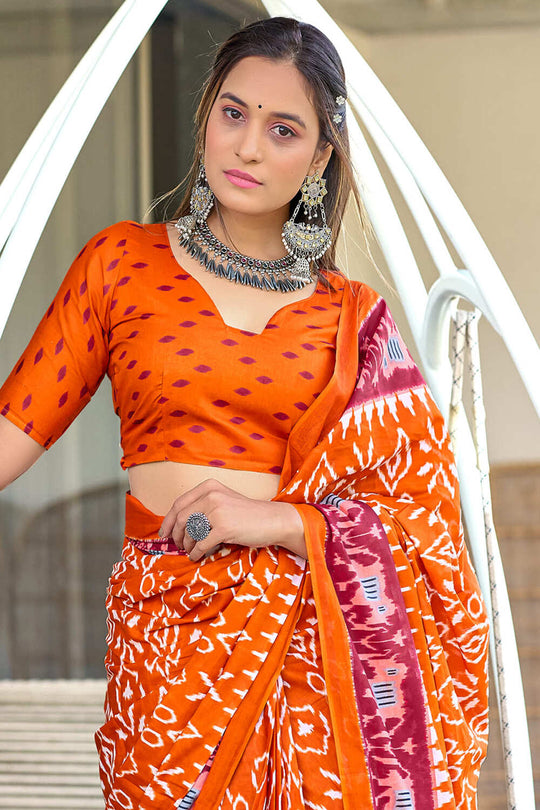 Orange Hand Block Print Mulmul Cotton Sarees Saree With Blouse Piece