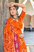 Orange Hand Block Print Mulmul Cotton Sarees Saree With Blouse Piece