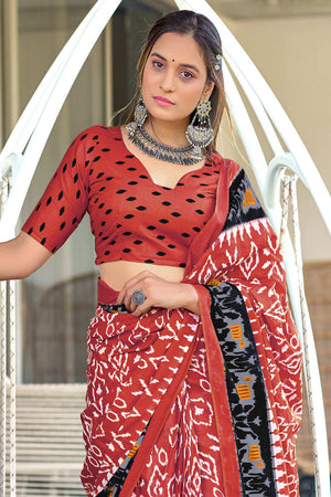 Red Hand Block Print Mulmul Cotton Sarees Saree With Blouse Piece