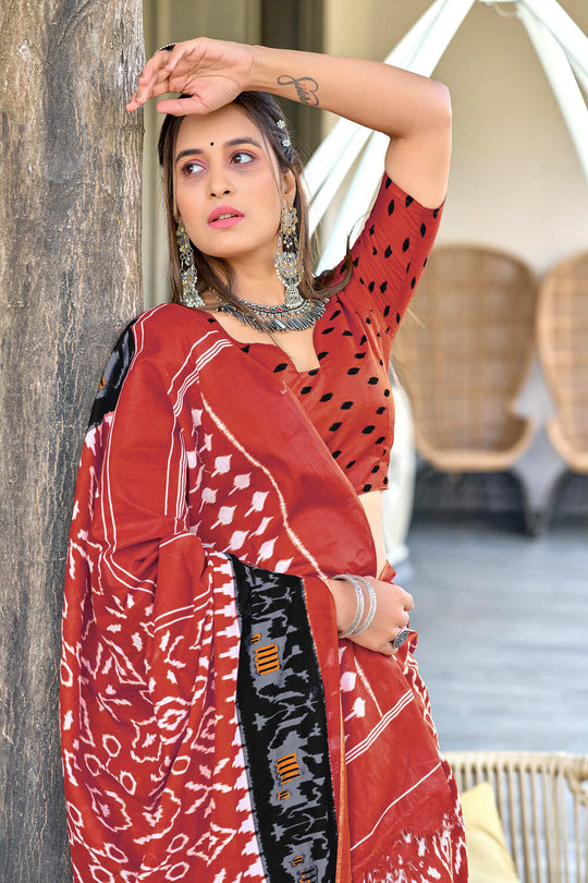 Red Hand Block Print Mulmul Cotton Sarees Saree With Blouse Piece